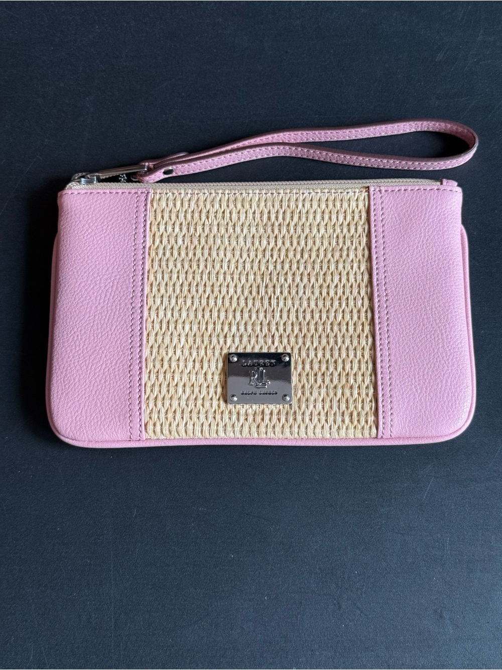 Lauren Ralph Lauren Percy Straw & Pink Leather Wristlet- NWOT